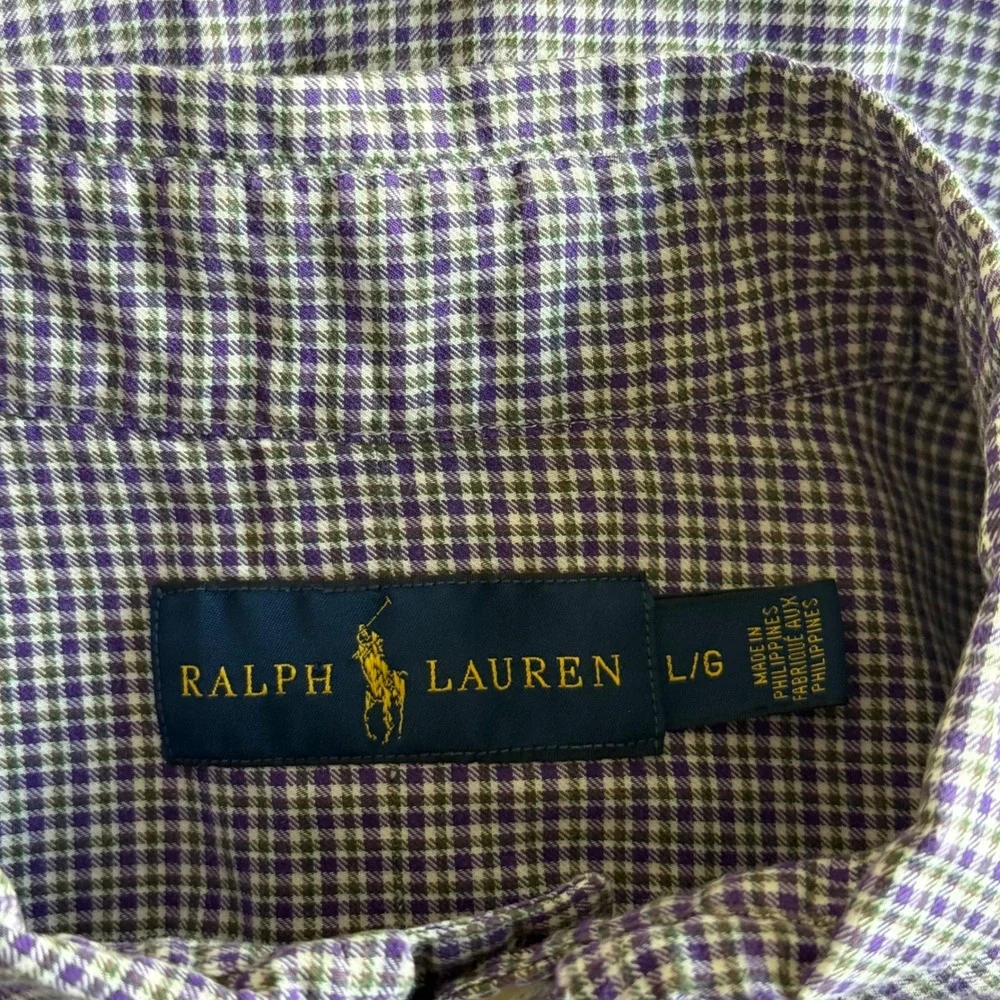 Ralph Lauren Mens Large Gingham Button Down Shirt Purple Long Sleeve Pony Preppy